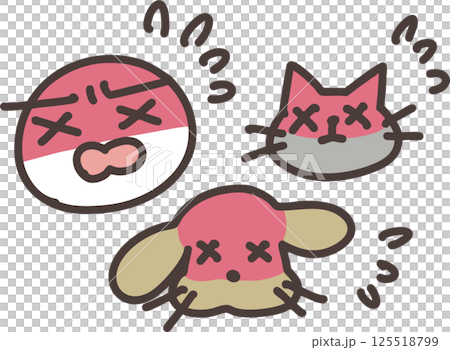 熱中症に困る人間と犬と猫のコミカルなイラスト 熱中症に困る人間と犬と猫のコミカルなイラスト 125518799