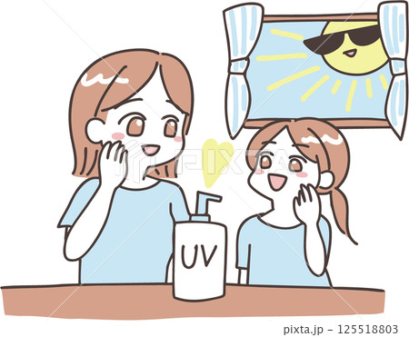 日焼け止めを塗る親子のイラストとそれを見守るサングラスの太陽のイラスト 125518803