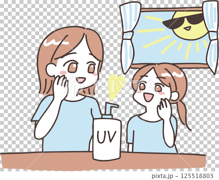 日焼け止めを塗る親子のイラストとそれを見守るサングラスの太陽のイラスト 125518803
