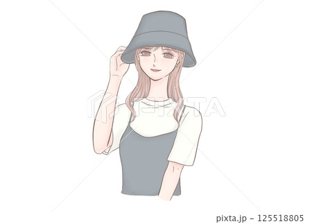 帽子で紫外線対策をするおしゃれな女性のイラスト 帽子で紫外線対策をするおしゃれな女性のイラスト 125518805