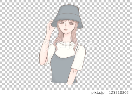 帽子で紫外線対策をするおしゃれな女性のイラスト 帽子で紫外線対策をするおしゃれな女性のイラスト 125518805