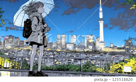 雨の中を歩く女性と都会のランドスケープ