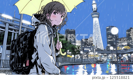 雨の中を歩く女性と都会のランドスケープ