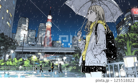 雨の中を歩く女性と都会のランドスケープ