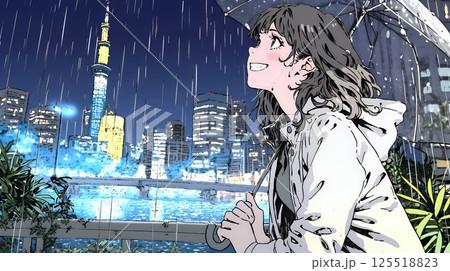 雨の中を歩く女性と都会のランドスケープ