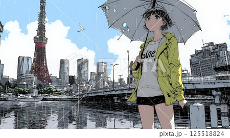 雨の中を歩く女性と都会のランドスケープ