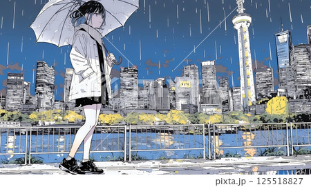 雨の中を歩く女性と都会のランドスケープ