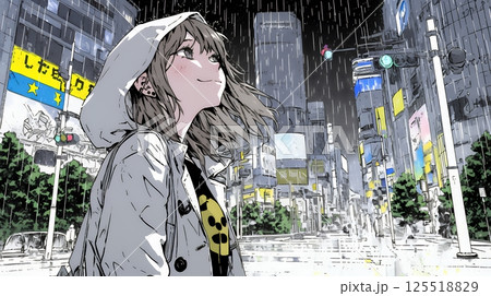 雨の中を歩く女性と都会のランドスケープ