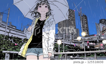 雨の中を歩く女性と都会のランドスケープ