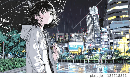 雨の中を歩く女性と都会のランドスケープ
