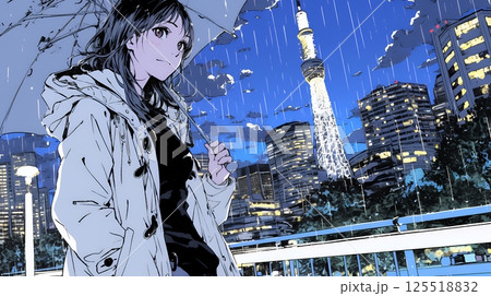 雨の中を歩く女性と都会のランドスケープ