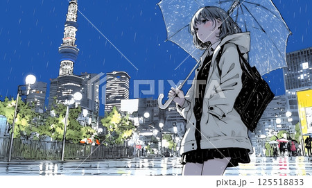 雨の中を歩く女性と都会のランドスケープ