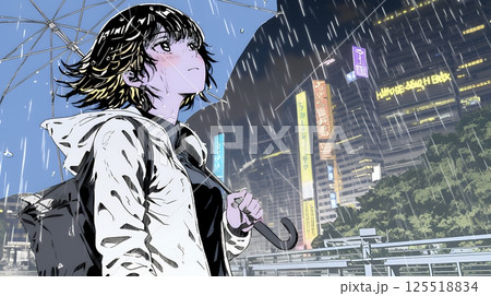 雨の中を歩く女性と都会のランドスケープ