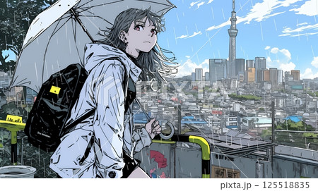雨の中を歩く女性と都会のランドスケープ