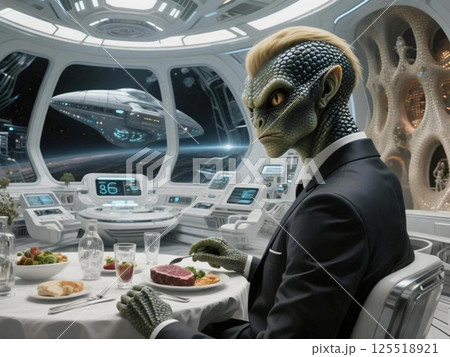 宇宙船内で食事をするレプティリアン 宇宙船内で食事をするレプティリアン 125518921