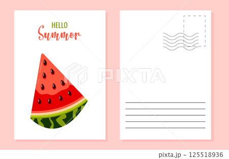 Hello summer color postcard design template layout. Slice watermelon. Vector illustration. 125518936
