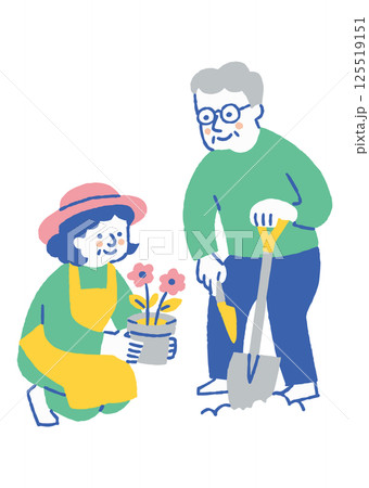 庭にお花を植えている高齢者夫婦_色 125519151