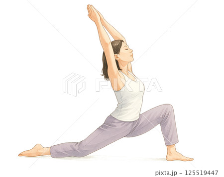 三日月のポーズ｜水彩タッチのヨガポーズ女性イラスト｜健康・リラクゼーション素材 125519447