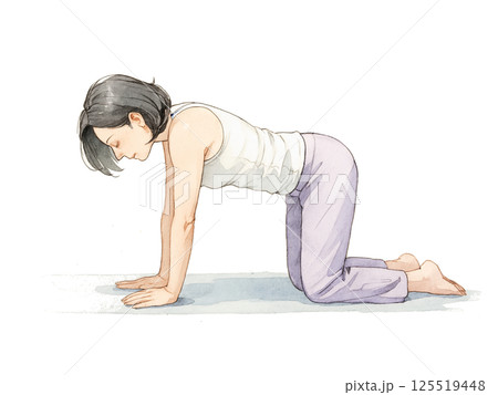 猫のポーズ｜水彩タッチのヨガポーズ女性イラスト｜健康・リラクゼーション素材 125519448