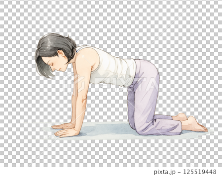 猫のポーズ｜水彩タッチのヨガポーズ女性イラスト｜健康・リラクゼーション素材 125519448