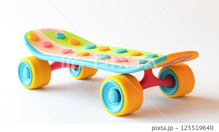 白背景にカラフルで個性的なデザインのスケートボードの3Dイラスト 125519640