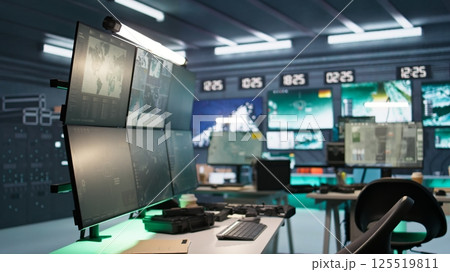 Empty army command center housing missile defense system designed to intercept ballistic missiles. Panning shot of armed forces headquarters used for tracking rockets using radar systems 125519811