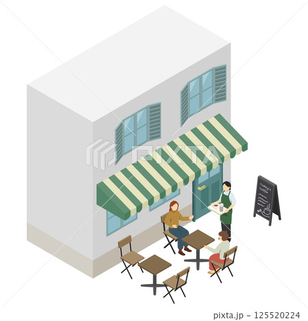 アイソメトリックイラスト：テラス席のあるカフェ店舗でお茶をする客 125520224