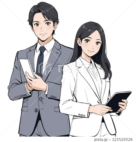 タブレットを持つビジネス男女のイラスト（白背景） 125520526