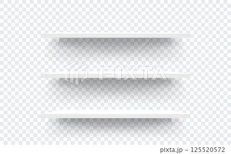 Shelves isolated on transparent background. Empty supermarket racks. White shelves for product display, interior design or showcase. Minimal and clean layout. Vector illustration Shelves isolated on transparent background. Empty supermarket racks. White shelves for product display, interior design or showcase. Minimal and clean layout. Vector illustration 125520572