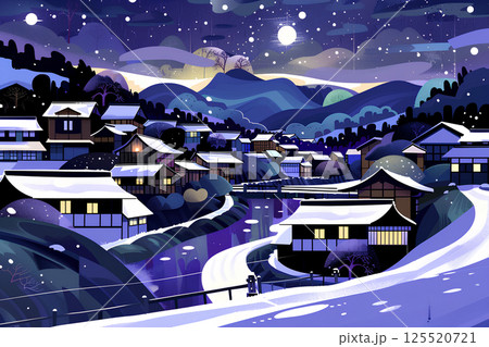 美しい温泉街の夜景イラスト 125520721