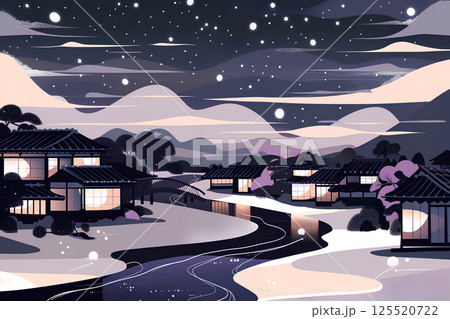 美しい温泉街の夜景イラスト 125520722