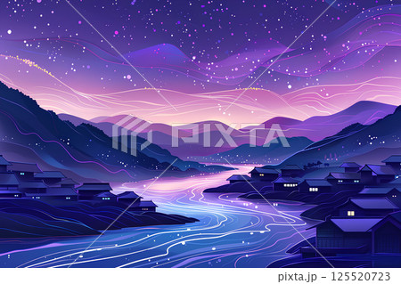 美しい温泉街の夜景イラスト 125520723