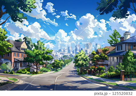 青い空と白い雲の美しい街並みイラスト 青い空と白い雲の美しい街並みイラスト 125520832