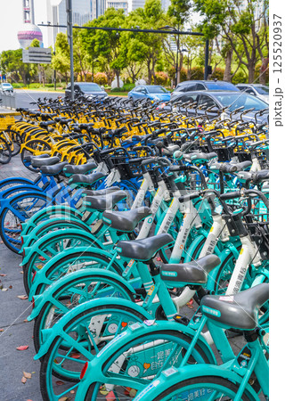 Shanghai, China - 1 April 2025: Close-up of blue shared bicycles lined up. Cars in background. Minimal urban scene without pedestrians Shanghai, China - 1 April 2025: Close-up of blue shared bicycles lined up. Cars in background. Minimal urban scene without pedestrians 125520937