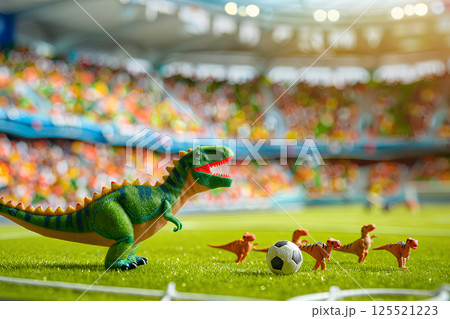 可愛い恐竜たちと観客のいるスポーツスタジアム（3D） 125521223