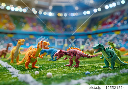可愛い恐竜たちと観客のいるスポーツスタジアム（3D） 125521224