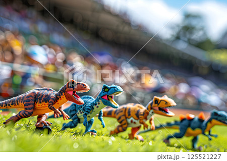 可愛い恐竜たちと観客のいるスポーツスタジアム（3D） 125521227