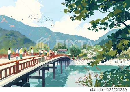 春の美しい古都の散策風景イラスト 125521289