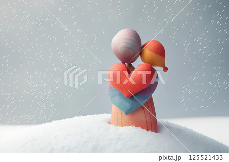 雪の降る中のカラフルなハートのカップル(3D) 雪の降る中のカラフルなハートのカップル(3D) 125521433
