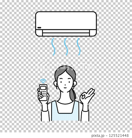 Illustration of a housewife holding a remote control and an air conditioner 125521448