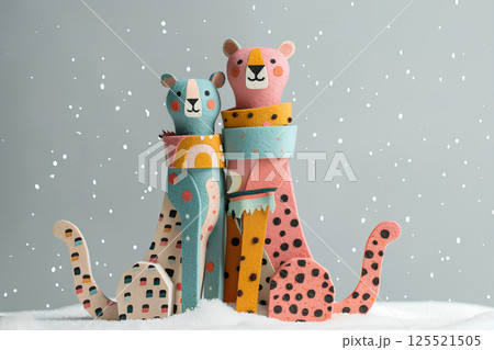 雪の中の可愛い木工とキルトの豹のカップル（3D） 125521505