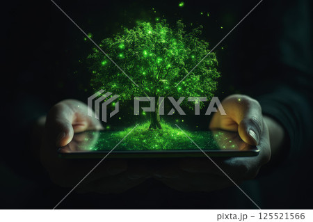 Businessman holding a tablet with a glowing tree, symbolizing technology and sustainability. 125521566