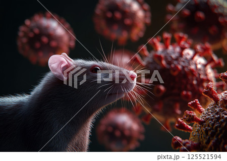 A rat is standing in front of virus particles. generative ai 125521594
