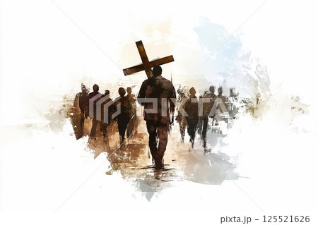 Jesus Christ carrying the cross surrounded by people .soft brush strokes paint colors. 125521626