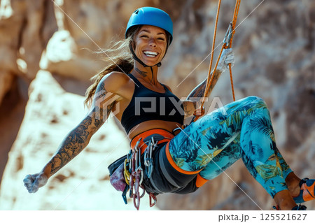 joy female Rock Climber hanging on vertical Wall. 125521627