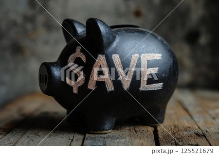 black piggy bank financial accounting on table against dark background with space for text bankruptcy concept. 125521679