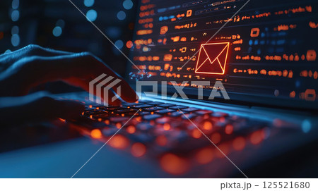 Laptop with red email folder icon on screen, concept of spam phishing or digital virus.,. Laptop with red email folder icon on screen, concept of spam phishing or digital virus.,. 125521680