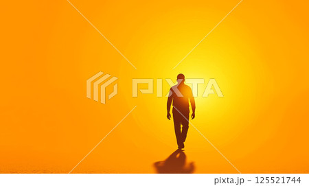 A lone figure walks towards the horizon, the setting sun casting a golden glow over the landscape. This image symbolizes hope, determination, new beginnings, and the pursuit of dreams. 125521744