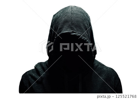Hacker or scammer character in the black hood on isolated white background. Hacker or scammer character in the black hood on isolated white background. 125521768