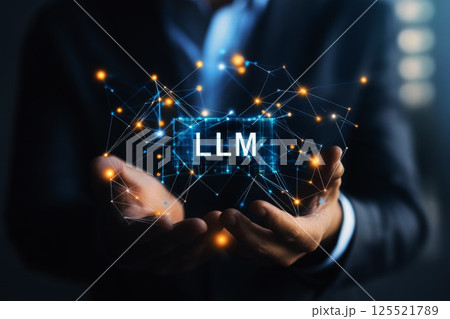 a hand hold with LLM displayed among digital icons. Concepts of large language models , artificial intelligence, and human-computer interaction. 125521789